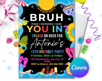 Pool Party Invite, Bruh Invitation, Birthday Invitation, Editable Template, Boy Birthday, Bruh Birthday, 13th Birthday, Boy Invitation