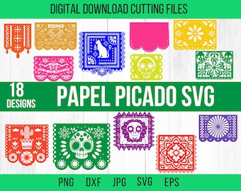 May include: 18 digital download cutting files for papel picado, a traditional Mexican paper craft. The designs include a variety of colorful patterns, including skulls, flowers, and geometric shapes. The files are available in PNG, DXF, JPG, SVG, and EPS formats.