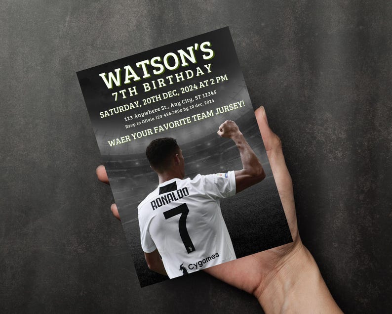 May include: A black and white birthday invitation with a soccer player in a white jersey with the number 7 and the name "RONALDO" on the back. The invitation is for Watson's 7th birthday party on Saturday, December 20th, 2024 at 2 PM. The invitation includes the address and RSVP information.