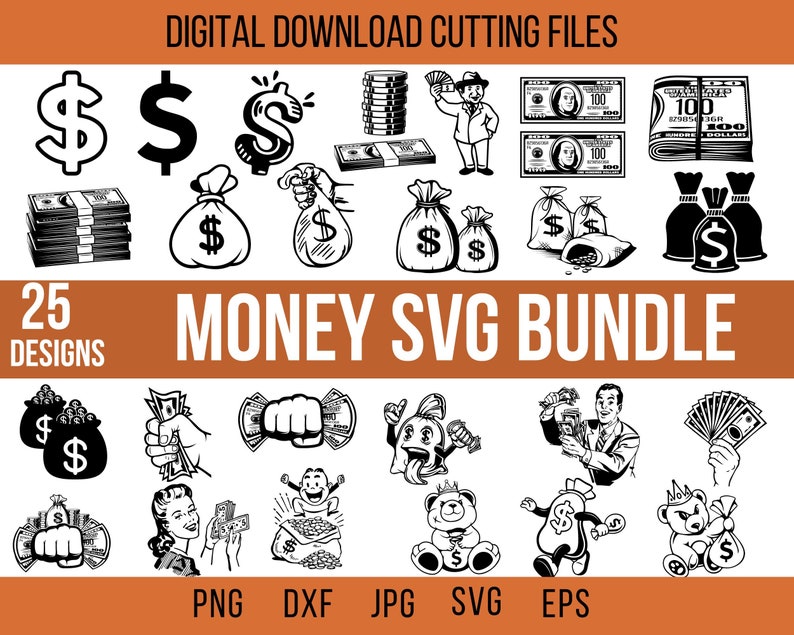 Geld Bundle, Geld Png, Geld Clipart, Dollarschein SVG, Geldsack Png, Geldsack geschnitten Datei, Geldsack Clipart, Geldsack Clipart, Dollarzeichen Bild 1