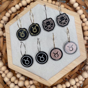 Taurus Zodiac Hoop Earrings - Customizable Black Acrylic with Metallic Inlay - Bohemian Astrology Jewelry
