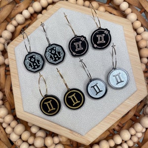 Gemini Zodiac Hoop Earrings - Engraved Black Acrylic with Metallic Inlay, Boho Astrology Fashion