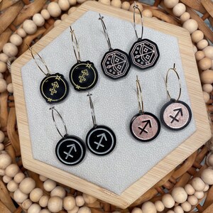 Sagittarius Zodiac Hoop Earrings - Black Acrylic with Gold/Rose/Silver Inlay, Bohemian Astrological Style