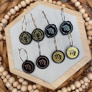 Virgo Zodiac Hoop Earrings - Engraved Black Acrylic, Gold/Rose/Silver Inlay - Unique Boho Astrology Jewelry