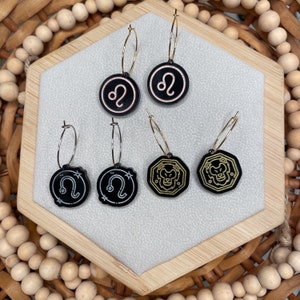 Leo Zodiac Hoop Earrings - Engraved Black Acrylic, Gold/Rose/Silver Inlay - Astrology Inspired Jewelry