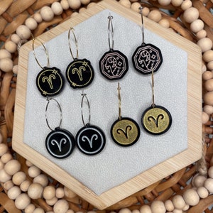 Aries Zodiac Hoop Earrings - Engraved Black Acrylic with Metallic Inlay - Personalized Astrology Jewelry