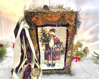Christmas Journal, Memory Book, Vintage Style, Handmade ephemera, Santa, Gift, Junk Journal, Bead Dangles, Lacy Trims, Christmas Present
