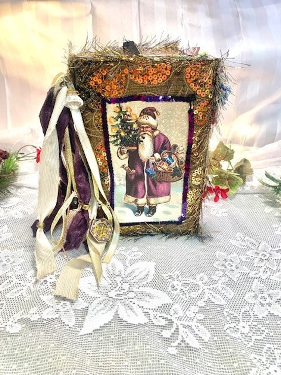 Christmas Journal, Memory Book, Vintage Style, Handmade ephemera, Santa, Gift, Junk Journal, Bead Dangles, Lacy Trims, Christmas Present