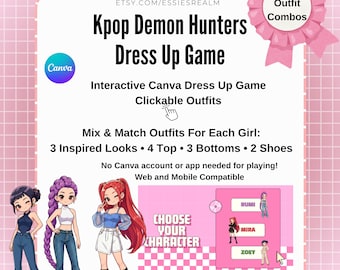 Könnte beinhalten: Ein interaktives Kpop Demon Hunters Anziehspiel mit drei illustrierten Charakteren namens Rumi, Mira und Zoey. Die digitale Benutzeroberfläche bietet anklickbare Outfits, über 75 Kombinationen sowie Oberteile, Unterteile und Schuhe. Web- und mobilkompatibel.