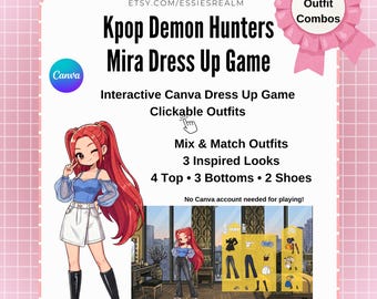 Könnte beinhalten: Ein interaktives digitales Anziehspiel mit dem Titel Kpop Demon Hunters Mira Dress Up Game. Die Grafik zeigt eine Anime-Figur mit roten Haaren, ein anklickbares Outfit-Menü und Text, der 25+ Outfit-Kombinationen, 3 inspirierte Looks, 4 Oberteile, 3 Unterteile und 2 Paar Schuhe angibt. Das Design umfasst ein rosa Schleifenabzeichen und einen karierten Hintergrund.