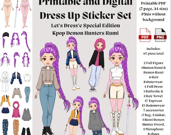 Let&#39;s Dress&#39;e Kpop Demon Hunters Rumi | Digital Paper Doll & Dress Up Sticker Kit for Digital and Printable Use | Customizable | Clipart