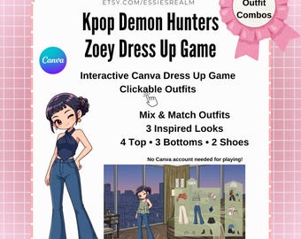 Könnte beinhalten: Ein interaktives digitales Anziehspiel mit dem Titel Kpop Demon Hunters Zoey Dress Up Game. Die Grafik zeigt eine Zeichentrickfigur, anklickbare Outfit-Optionen und Text mit Angaben zu 25+ Outfit-Kombinationen, 3 Looks, 4 Oberteilen, 3 Unterteilen und 2 Schuhen.