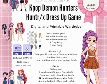 Könnte beinhalten: Ein digitales Kpop Demon Hunters Anziehspiel mit druckbaren Garderoben-Elementen. Enthält über 260 Teile, PDF- und PNG-Dateien, verschiedene Charakterkörper, Oberteile, Hosen, Schuhe, Kleider, Taschen und verschiedene Hintergrundszenen.