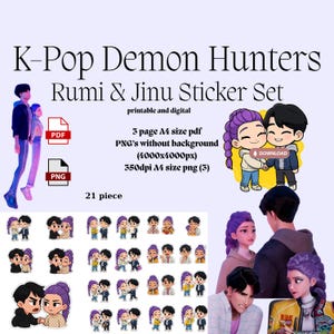 Kpop Demon Hunters Rumi & Jinu Digital Sticker Set | Planner Stickers | GoodNotes Stickers | Transparent PNGs | Printable PDF | Digital