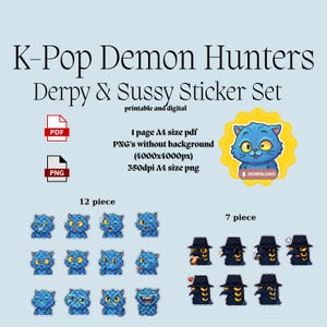 Puede incluir: Un conjunto de pegatinas digitales "K-Pop Demon Hunters: Derpy & Sussy Sticker Set". El conjunto incluye 12 pegatinas de gatos azules con diversas expresiones y 7 pegatinas de demonios. Las pegatinas son imprimibles y digitales, en formatos PDF y PNG.