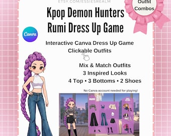 Könnte beinhalten: Digitales Kpop Demon Hunters Rumi Ankleidespiel. Das Bild zeigt eine Zeichentrickfigur mit lila Haaren, einem weißen Oberteil, Jeans und verschiedenen Outfit-Kombinationen. Das Spiel bietet interaktives Canva-Ankleiden mit anklickbaren Outfits.