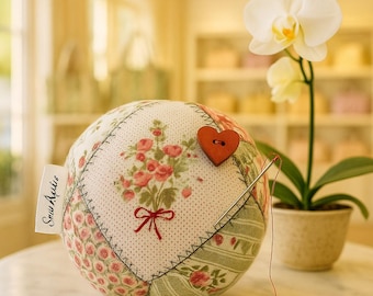 Floral Patchwork Quilted Pincushion, Handmade Cottage Sewing Notion, Heart Button Needle Holder