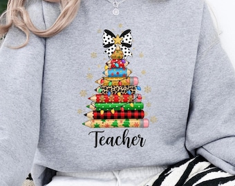 Bluza z nadrukiem świątecznym dla nauczyciela, bluza z napisem „Wesołych Świąt” dla nauczyciela, bluza z napisem „Świąteczna bluza dla nauczyciela”, bluza z kapturem dla nauczyciela