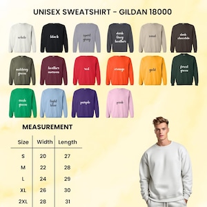 May include: A selection of Gildan 18000 unisex sweatshirts in various colors, including white, black, and red. The image also displays a size chart with measurements in inches, ranging from small (20" width, 27" length) to 2XL (28" width, 31" length).