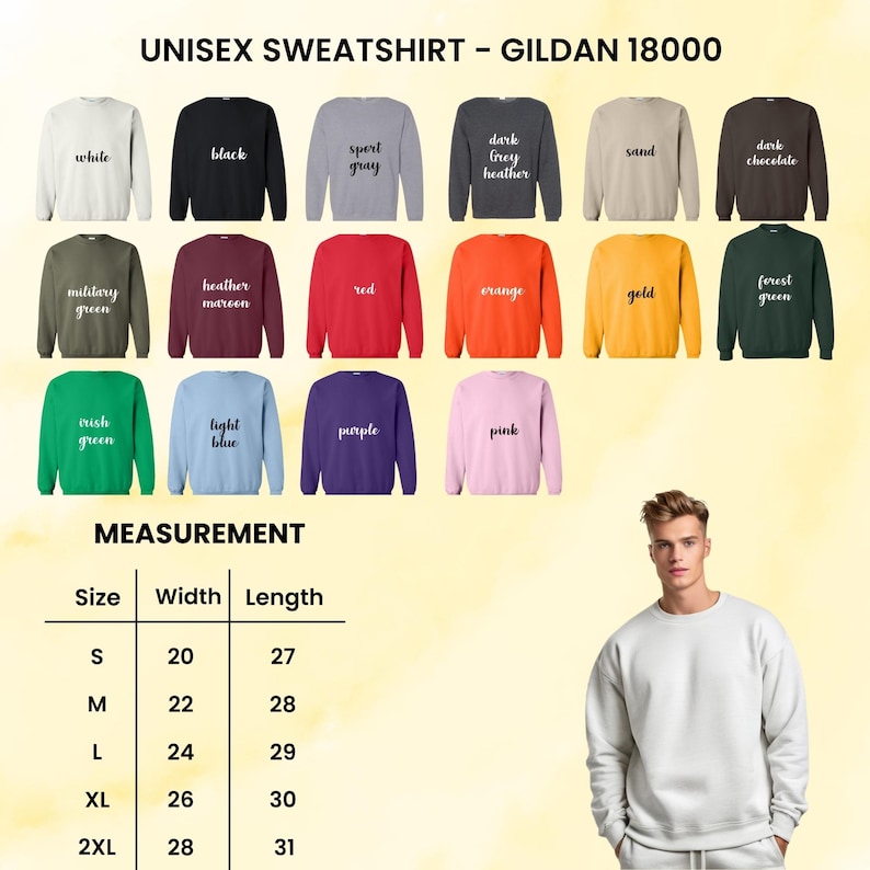 May include: A selection of Gildan 18000 unisex sweatshirts in various colors, including white, black, and red. The image also displays a size chart with measurements in inches, ranging from small (20" width, 27" length) to 2XL (28" width, 31" length).