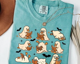 Comfortkleuren Ghost Reading Books Shirt, leesgrage Halloweenshirt, leraar bibliothecaris Halloweencadeau, Halloween-boekenliefhebber, Halloweenschool
