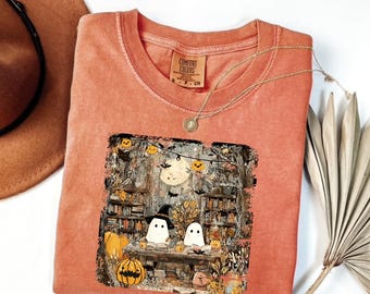 Comfort Colors Ghost Reading Shirt, Halloween Library Tee, Spooky Cute Ghost Cat Book Lover Shirt ,Fall Gothic Shirt, Halloween Gift Shirt