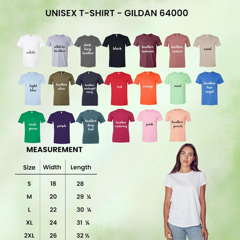 May include: A display of various unisex t-shirts in different colors, including white, black, and red. The image also shows a size chart with measurements in inches and a woman wearing a white t-shirt. The text on the image reads "UNISEX T-SHIRT - GILDAN 64000".