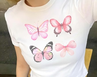 Maglietta per neonati con farfalla rosa, maglietta estetica Y2K