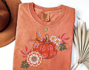 Comfort Color Cute Halloween Tee,Trick or Treat TShirt,Funny Halloween Pumpkin Butterfly Shirt,Trick or Treating TShirt,Floral Pumpkin Shirt