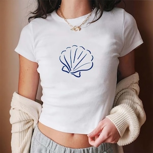 Sea Shell Baby Tee Vintage Collage Aesthetic Seashell Baby Tee Cute Women&#39;s T-Shirt Sustainably Made