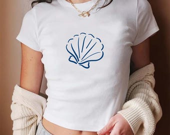 Seashell Baby Tee, Vintage Collage Aesthetic, Cute Women's T-Shirt