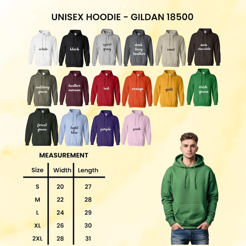 May include: A product image showcasing a variety of Gildan 18500 unisex hoodies in various colors, including white, black, and green. The image also includes a size chart with measurements in inches, and a person wearing a green hoodie.