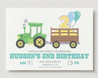 EDITABLE Tractor Birthday Invitation, Tractor 2nd Birthday Invite, Boy 2nd Birthday Invite, Green Tractor 2nd Birthday Party Invite