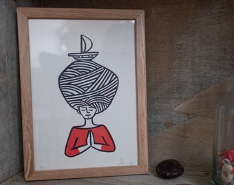 Petite bonne femme zen - Linogravure imprimée à la main