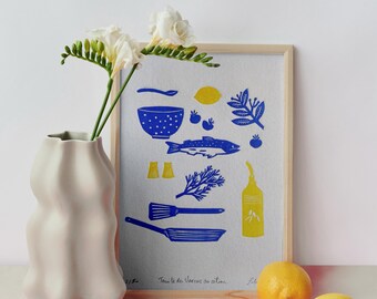 Truite du Vercors au citron - Linogravure imprimée à la main