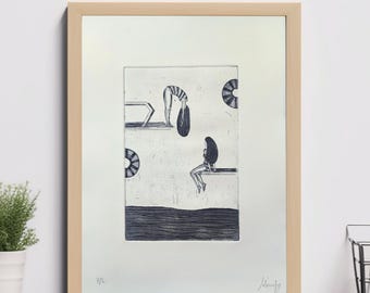 À la piscine - Gravure à l'eau forte et aquatinte