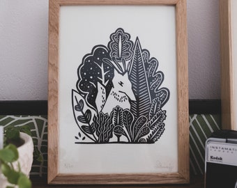 Le loup - Linogravure imprimée à la main