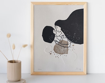 Bisou esquimau - Linogravure imprimée à la main