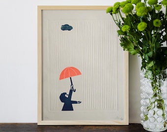 Il pleut - Linogravure gaufrée et imprimée à la main
