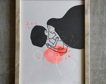 Bisou esquimau - Linogravure imprimée à la main