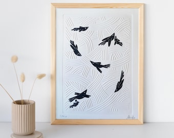 Le bal des oiseaux - Linogravure gaufrée et imprimée à la main