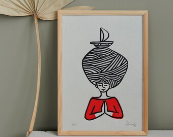 Petite bonne femme zen - Linogravure imprimée à la main