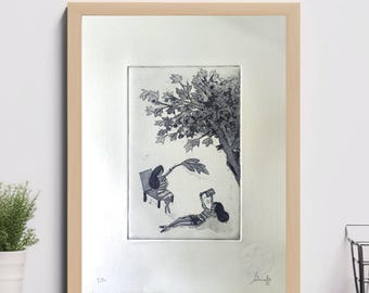 Sous le figuier - Gravure à l'eau forte et aquatinte