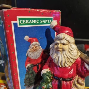 Vintage jaeger ceramic santa hand painted figure - father Christmas with sack of toys and Christmas tree fun festive gift