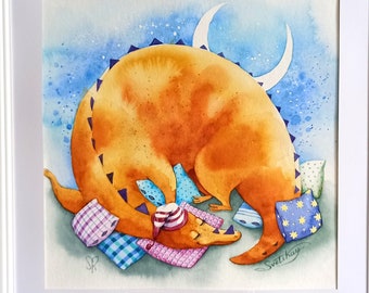 Sleeping dragon art, dragon original watercolor art, fantasy creature art, orange dragon wall decor, kid room decor, orange blue lilac