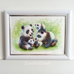 Arte de panda, arte animal divertido, regalos de panda, acuarela original, decoración de pared familiar de panda, decoración de la habitación de panda para niños