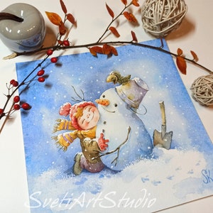 Joy First Snow, Snowman Winter Fun Friendship, Illustration Art, Child Art, Original Painting Watercolor, Small Picture