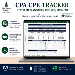 Puede incluir: Una plantilla digital de Microsoft Excel para el seguimiento de CPA CPE mostrada en la pantalla de una computadora portátil. La interfaz presenta un resumen de cumplimiento de CPE, período de informe, requisitos generales de CPE y temas específicos.