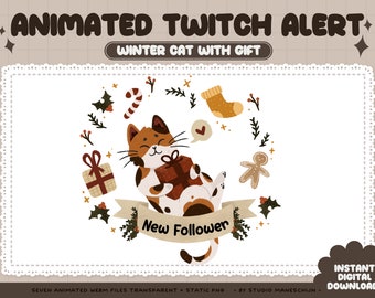Animated Christmas Calico Cat Alerts for Twitch | Animated overlay, cute alerts, animated stream setup, Kawaii