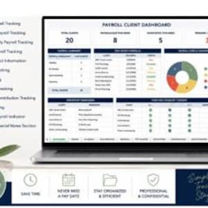 May include: A laptop screen displaying a Payroll Client Dashboard with data tables, a pie chart, and summary metrics. The interface includes sections for payroll tracking, client information, and status updates, with text labels for features like weekly tracking.